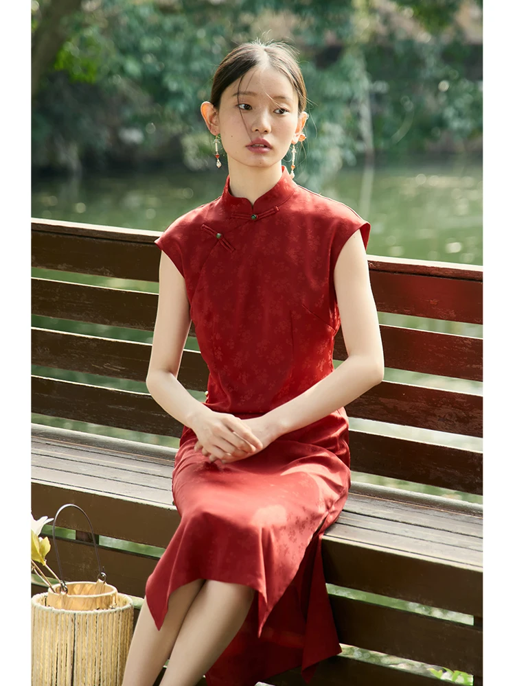 ZIQIAO New Chinese Style Improved Cheongsam Female Long Dress 2024 Summer New Red Retro Versatile Casual Women Dress 24ZQ92250