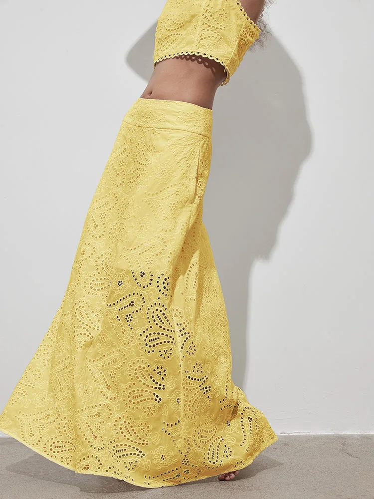 Sommer Strand Urlaub Einfarbig Lange Röcke Elegante Dame Freizeit Halbe Röcke Mode Spitze Aushöhlen Hohe Taille A-linie Röcke