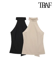 TRAF-Halter Neck Tank Tops for Women, Backless, Adjustable Strap with Buckle, Female Camis, Sexy Fashion