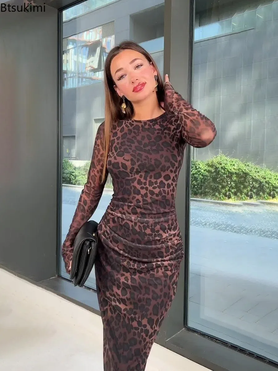 Primavera novas mulheres temperamento o pescoço leopardo impressão midi vestido moda manga longa sexy bodycon vestido senhoras festa clube streetwear
