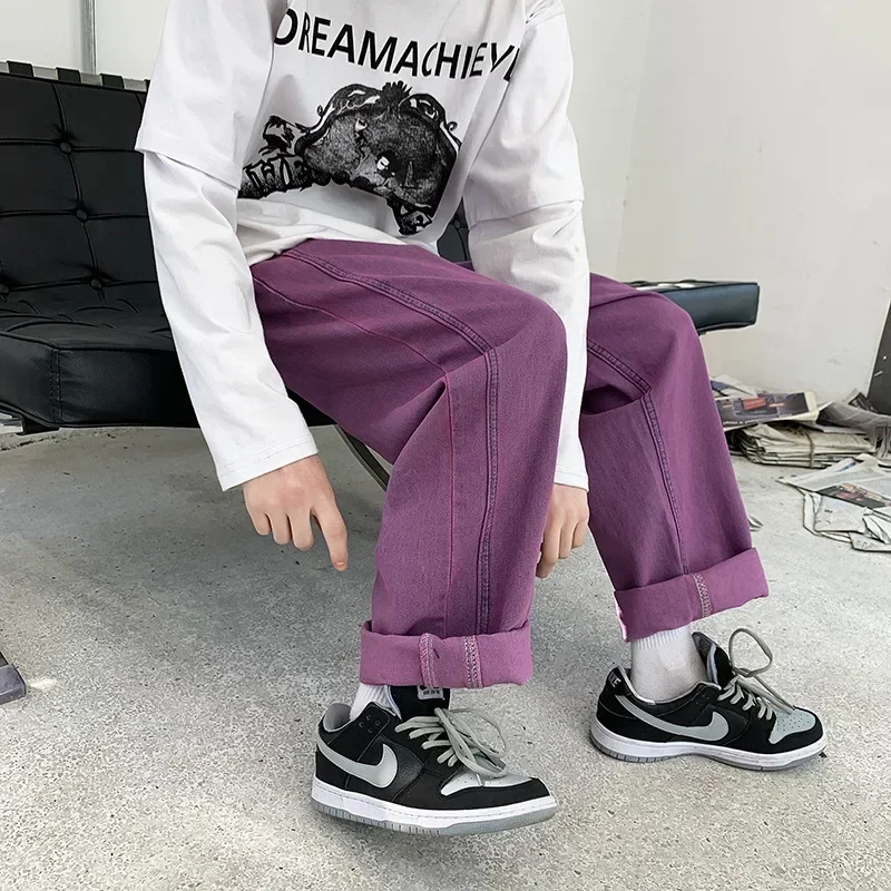 Vintage Green Purple Straight Baggy Jeans Men New Fashion Streetwear Oversize Wide Leg Bright Line Jeans Y2k Denim Trousers