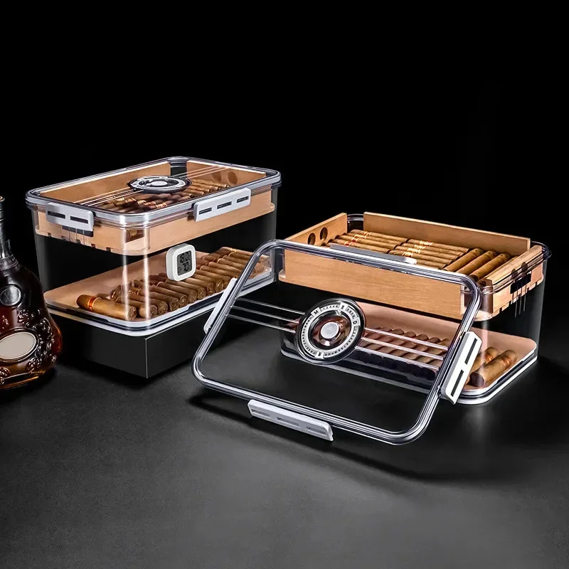 Portable Sealed Cigar Humidor Box Transparently Seal Cigar Humidor Cedar Wood Shelf With Hygrometer Capacity 100PCS PP Material