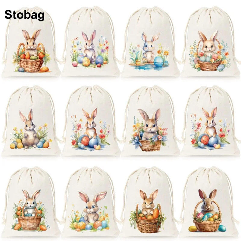 

StoBag 12pcs/Set Happy Easter Linen Drawstring Bags Rabbit Kids Child Small Bundle Candy Gift Packaging Reusable Pocket Pouches