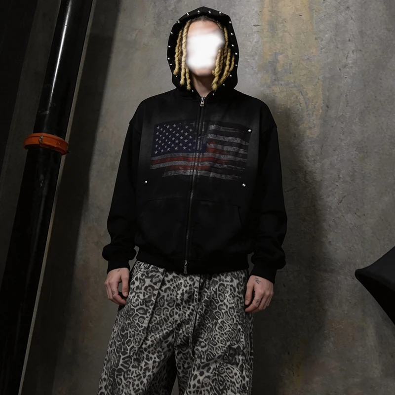

Американская ретро-толстовка в стиле High Street с принтом флага и надписями, черная, модная, свободного кроя, с заклепками и молнией, унисекс