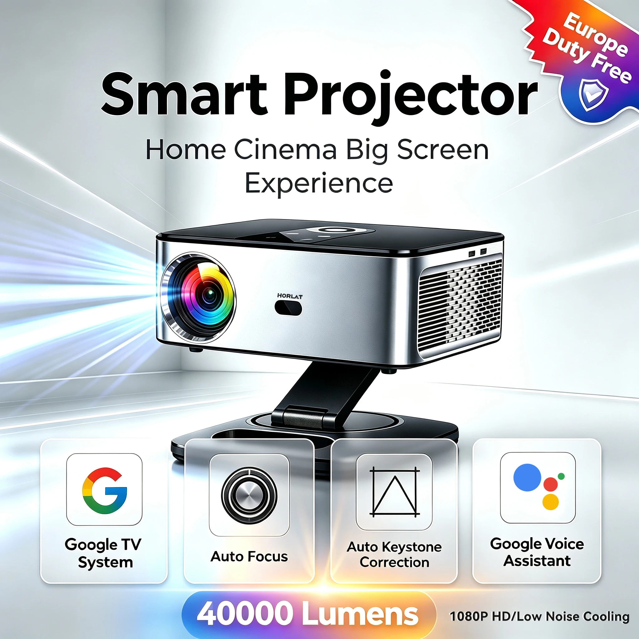 HORLAT T03MAX 40000 Lumen 4K LED-Projektor Android Full HD 1080P Video 8K Heimkino Auto-Keystone 5G WLAN Tragbarer Projektor