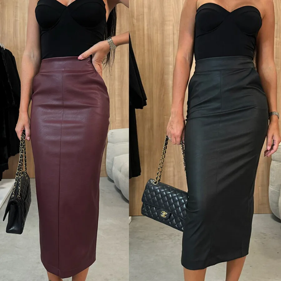 High Waist Slit Leather Skirt Women's Casual Fashion Party Skirt Spring Autumn New Style mid Waist H Type Batwing Shape
