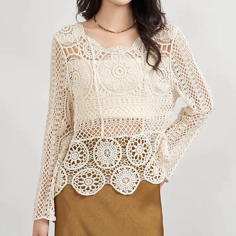 

Openwork Herringbone Knitted Shirt for Women - Summer Long-Sleeved Top