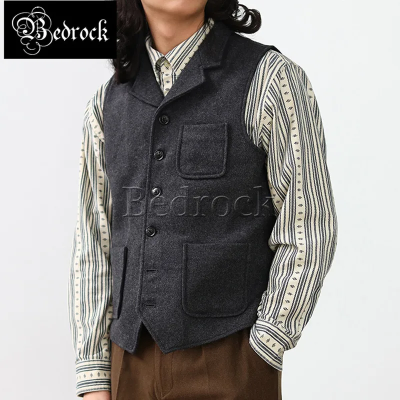 MBBCAR gray English NOTCH LAPEL multiple pockets vest gentleman\'s wool waistcoat thick warm vintage vest for men 3101