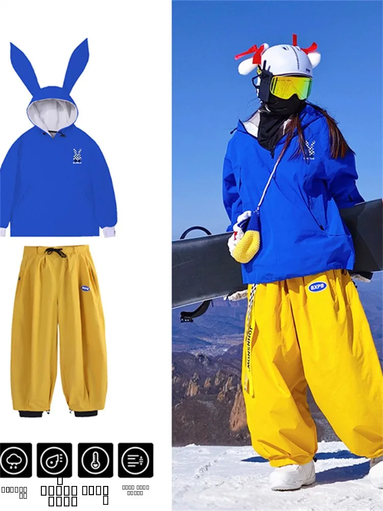 

Warm Fce Lined Hoodie Snowboard Suit Loose Couple Snowy Pants Men Women Outdoor Waterproof Skiing Clothing Set Youth Winter