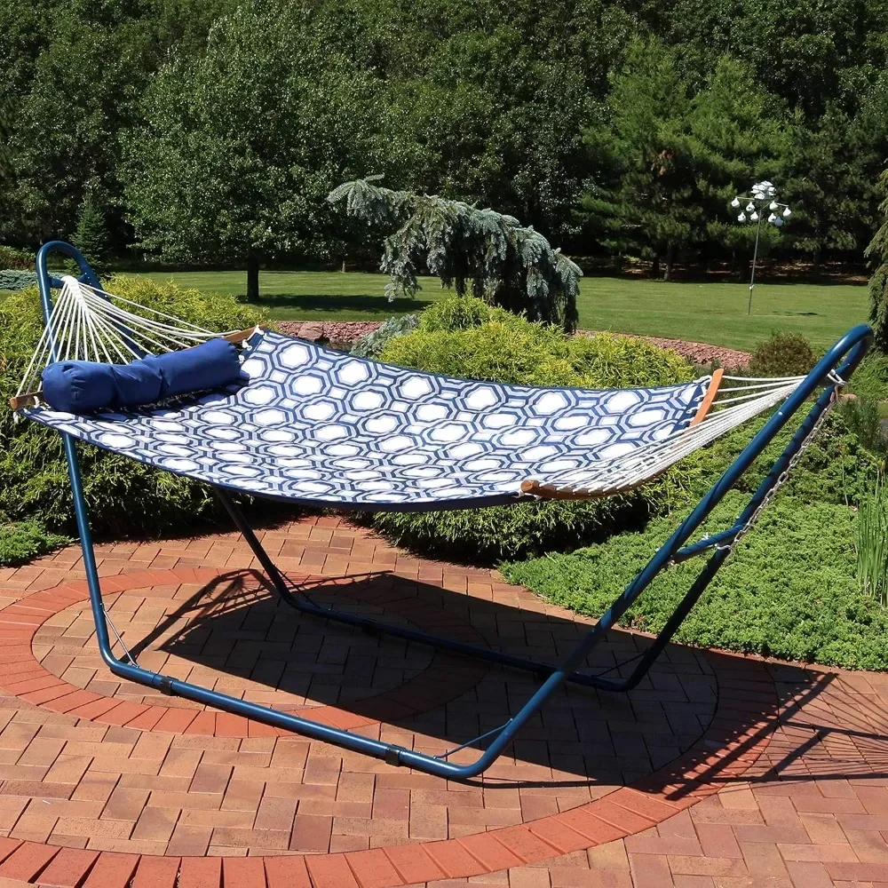 Curved Spreader Bar Quilted Hammock with Blue Universal Steel Stand - 450-Pound Capacity Octagon