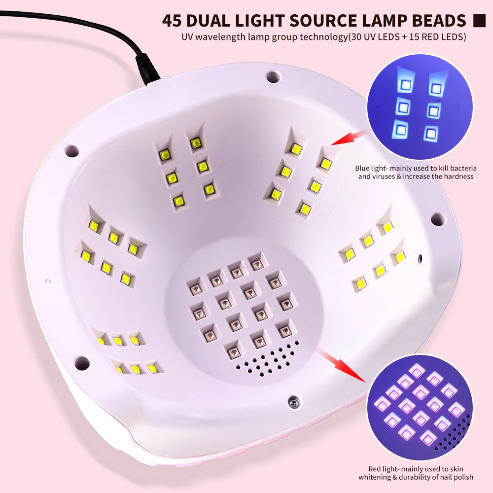 45 pcs LEDs Nail UV Lamp with Portable Handle Manicure Lamp for Fast Curing Nail Gel Polish, Dual Light Source Nail Salon Light
