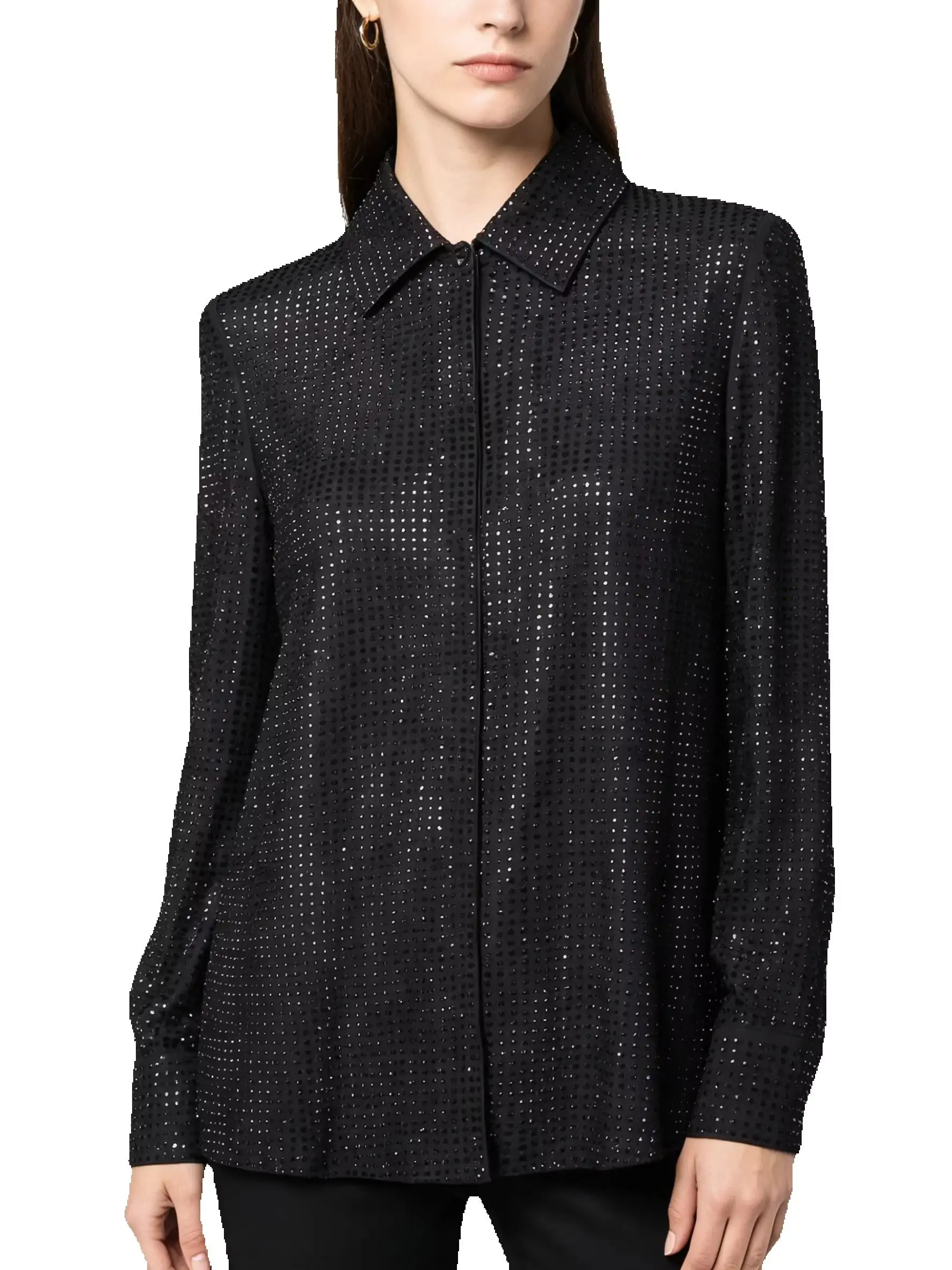 

Create Spring Summer New Fashion Mesh Hot Stamping Shirt - Socialite Style High-End Lapel Long Sleeved Versatile Casual Top