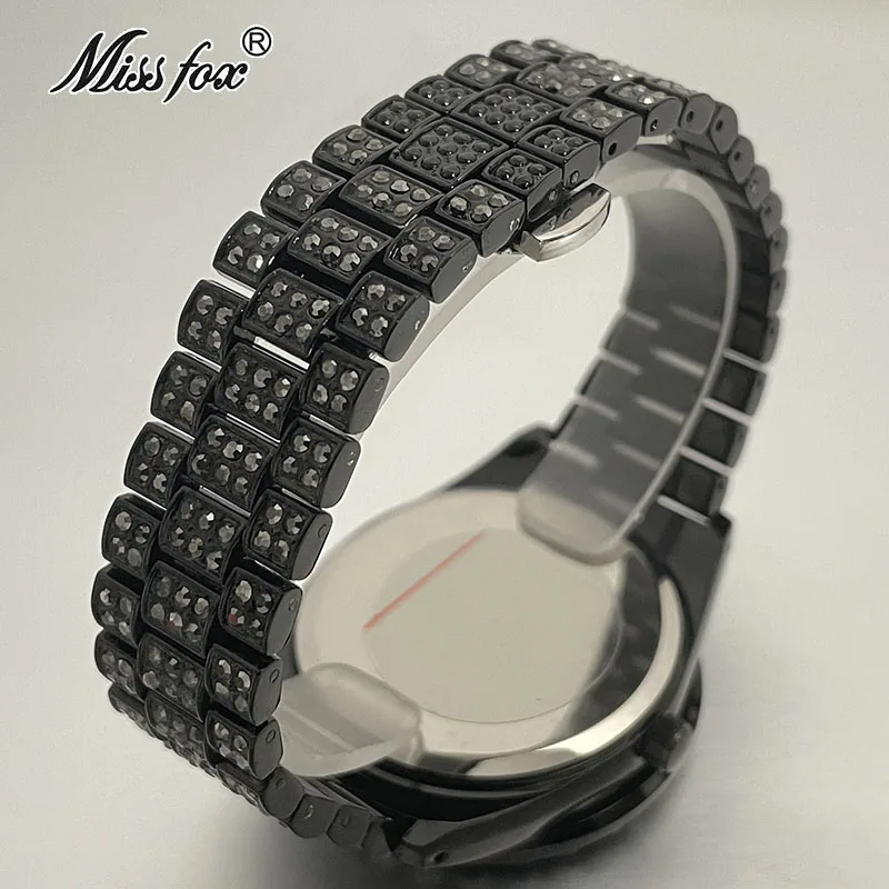 MISSFOX Cool Black Iced Watch For Men Fashion Stainless Steel Quartz Clocks Man Hip Hop Diamond WristWatch Reloj Free Shipping