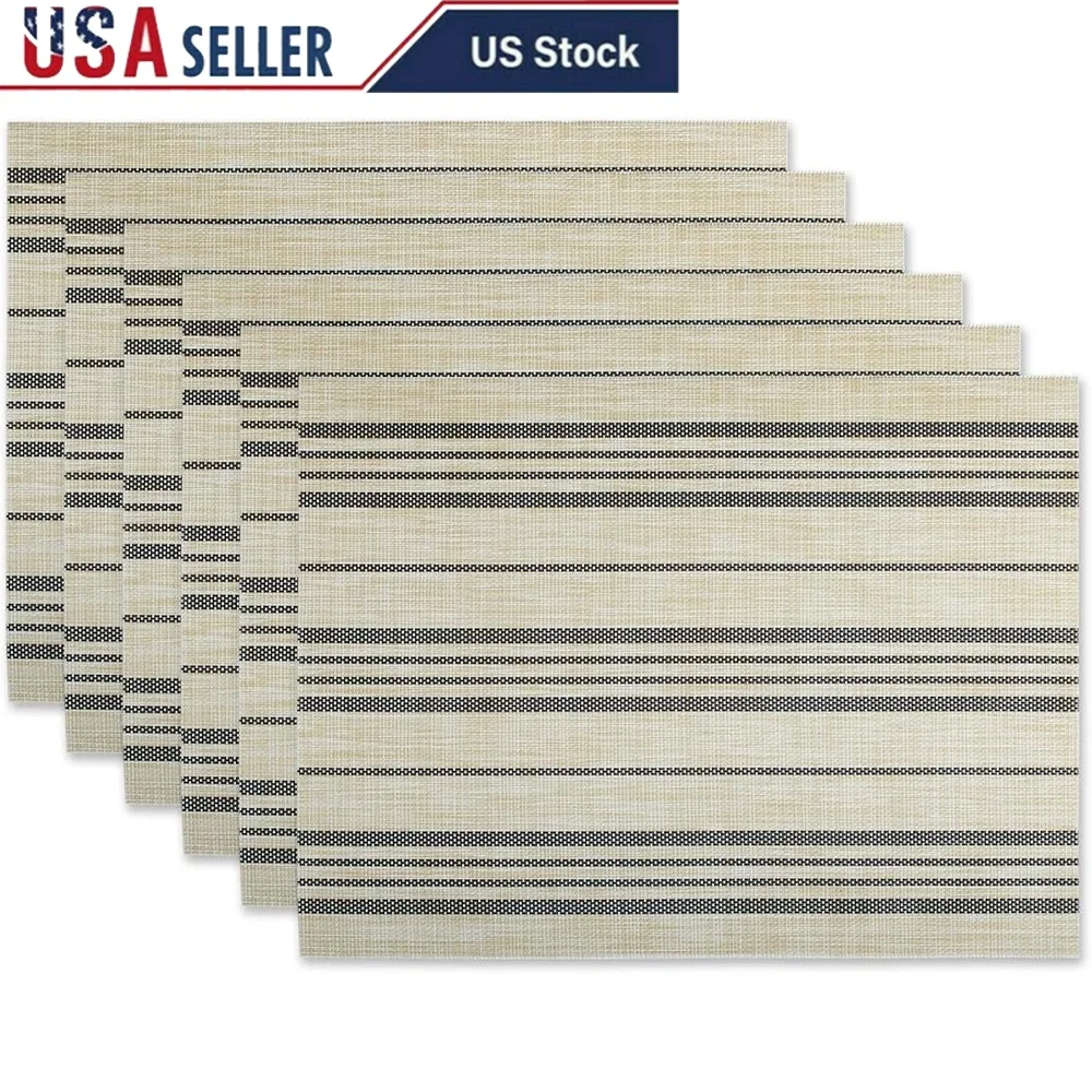 

Set of Six Black Farmhouse Stripe PVC Woven Placemats Easy Care Rectangular Table Mats Kitchen Dining Decor