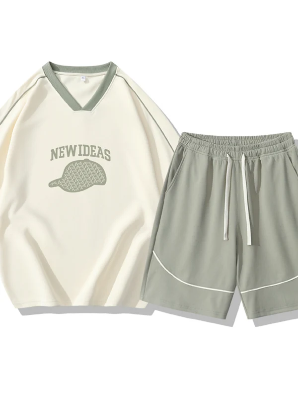 

Летний повседневный комплект с V-образным вырезом и короткими рукавами для мужчин и подростков, модный двухсоставный костюм из полиэфирного волокна, футболка с цветными вставками.