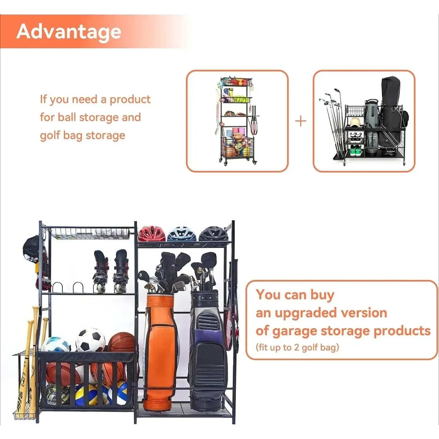 Garage Sportgeräte Organizer, Golftaschenständer für Garage Ball Lagerregal Indoor/Outdoor Kinderspielzeug Aufbewahrungsorganisator Behälter
