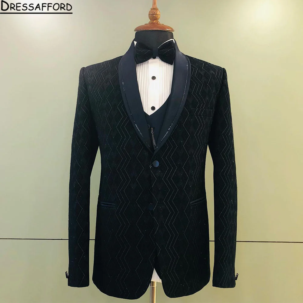 Black Glitter Crystal Blazers Men Suits Fashion Banquet 2 Piece Business Jacket Pants Trousers