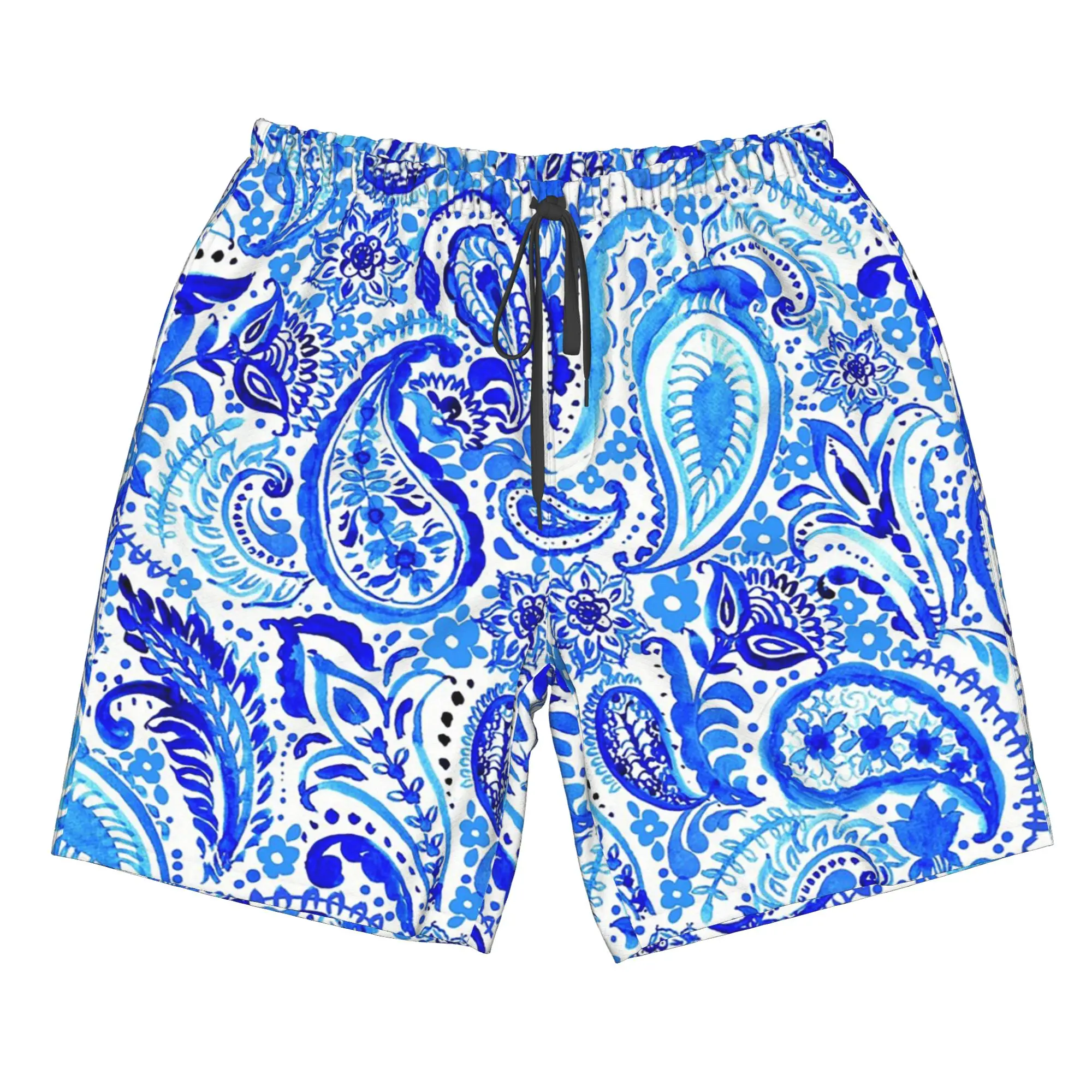 Blue-White Paisley Floral Pattern Trunks Beach Board Shorts Casual Quick Dry Swimming Summer Men Pants