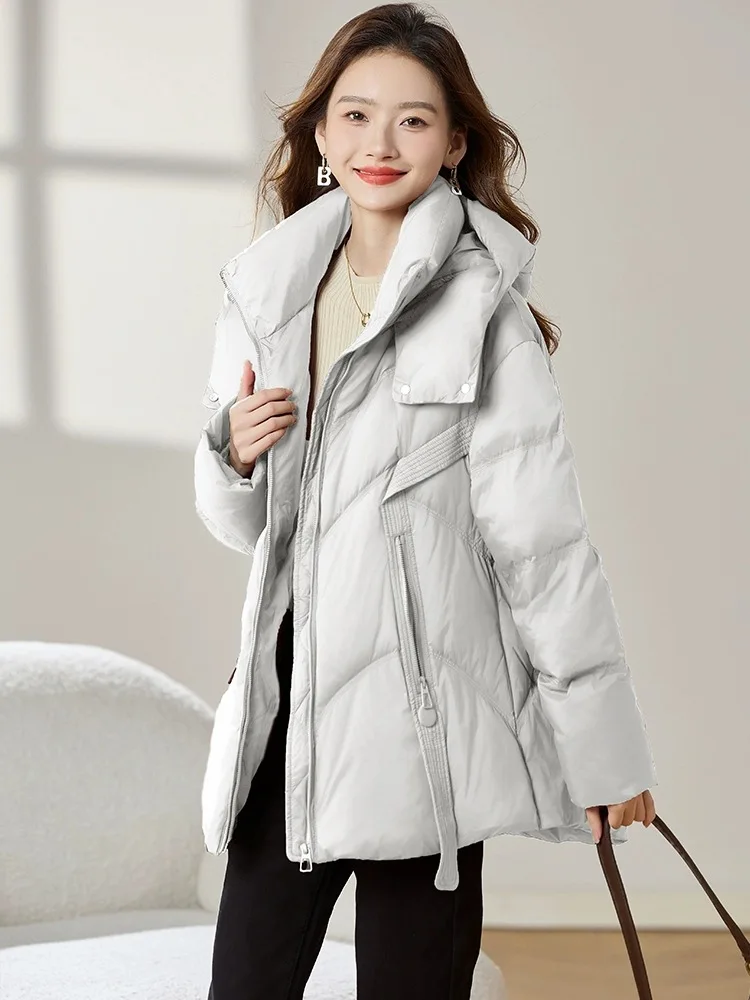 Nueva chaqueta de plumón europea de invierno para mujer, chaqueta holgada de plumas de ganso 90 con capucha para ir al trabajo