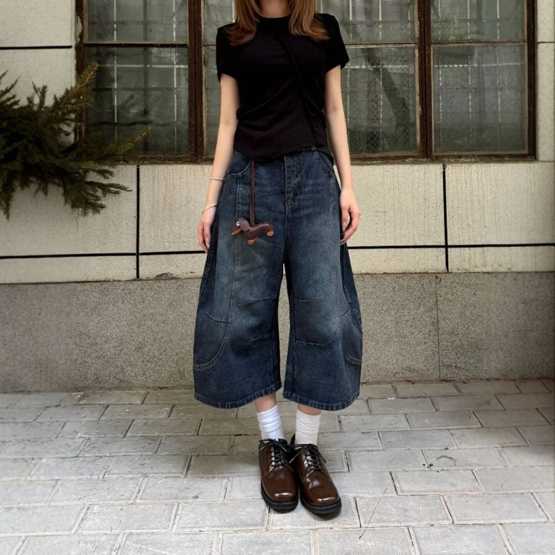 

HOUZHOU American Retro Y2k Short Jeans Women Grunge Wide Leg Washed Jorts Vintage Boyfriend Oversized Denim Shorts Streetwear