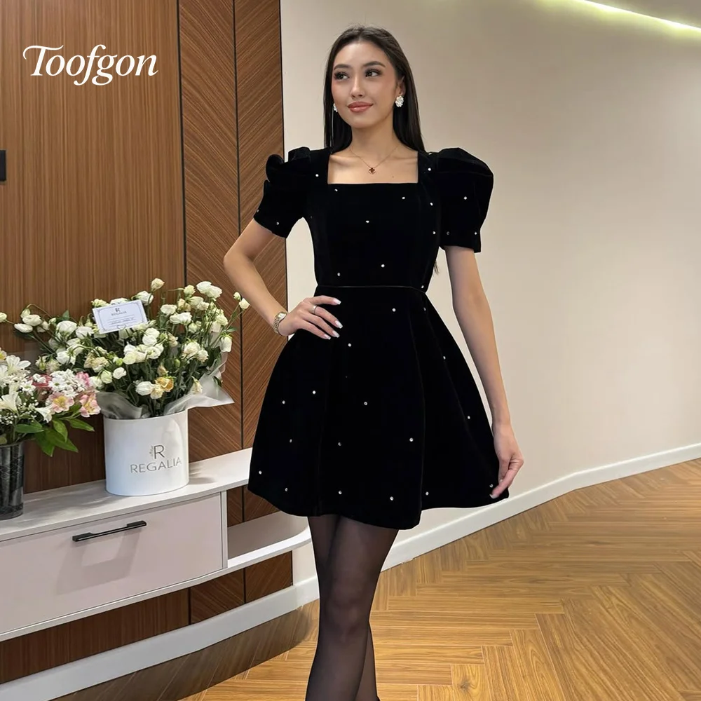 Toofgon pescoço quadrado veludo personalizado vestidos de baile curto feminino ocasião especial pérolas frisado mini vestidos de festa à noite 2026