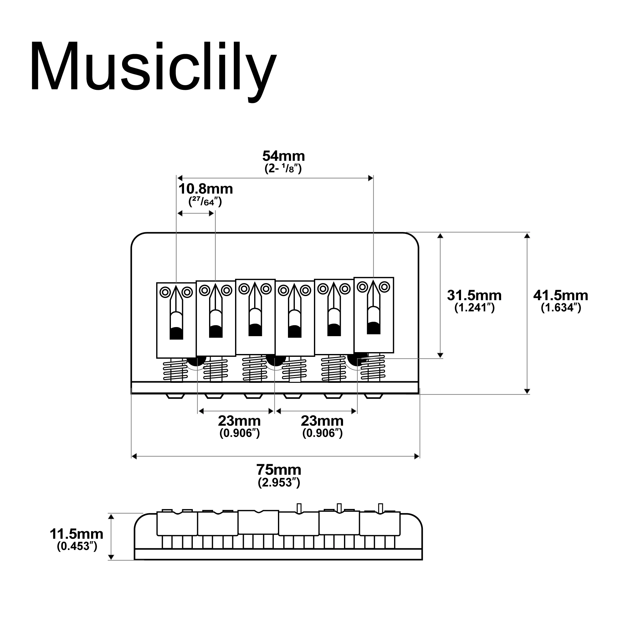 Musiclily Pro 54mm(2-1/8 inch) Modern Hardtail Fixed Bridge for Imported ST Tele Style Electric Guitar