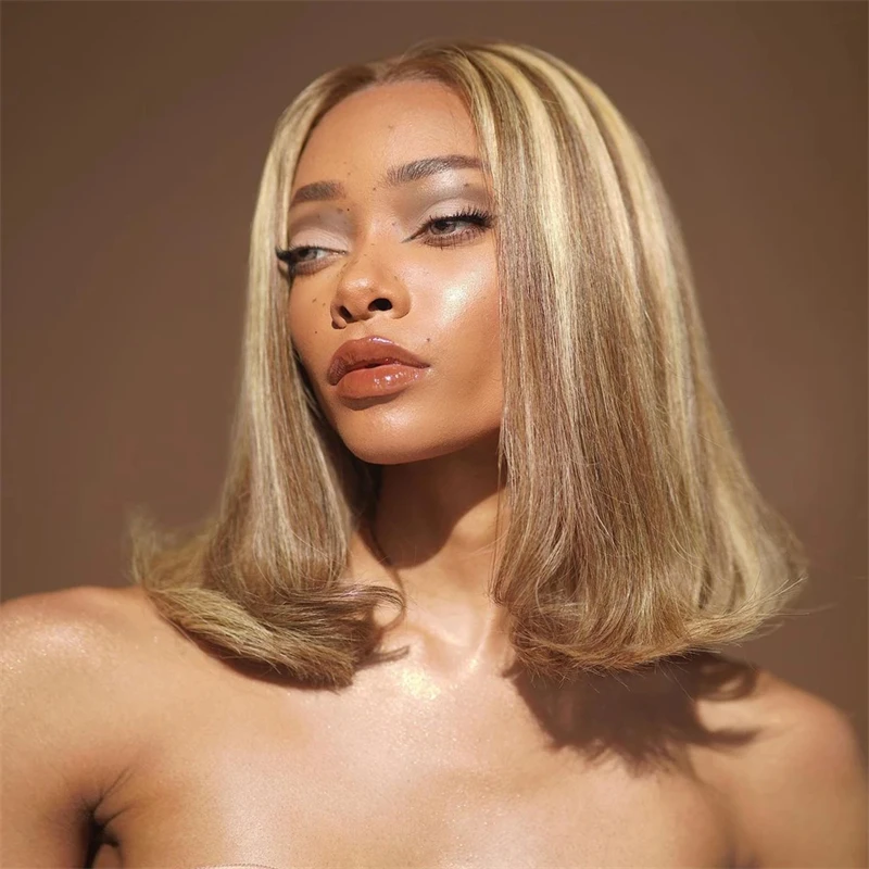 Short Straight Bob Synthetic HD Lace Front Wigs Highlight Ombre Ash Blonde Colored Highlights Lace Front Wigs Cosplay/Daily Use