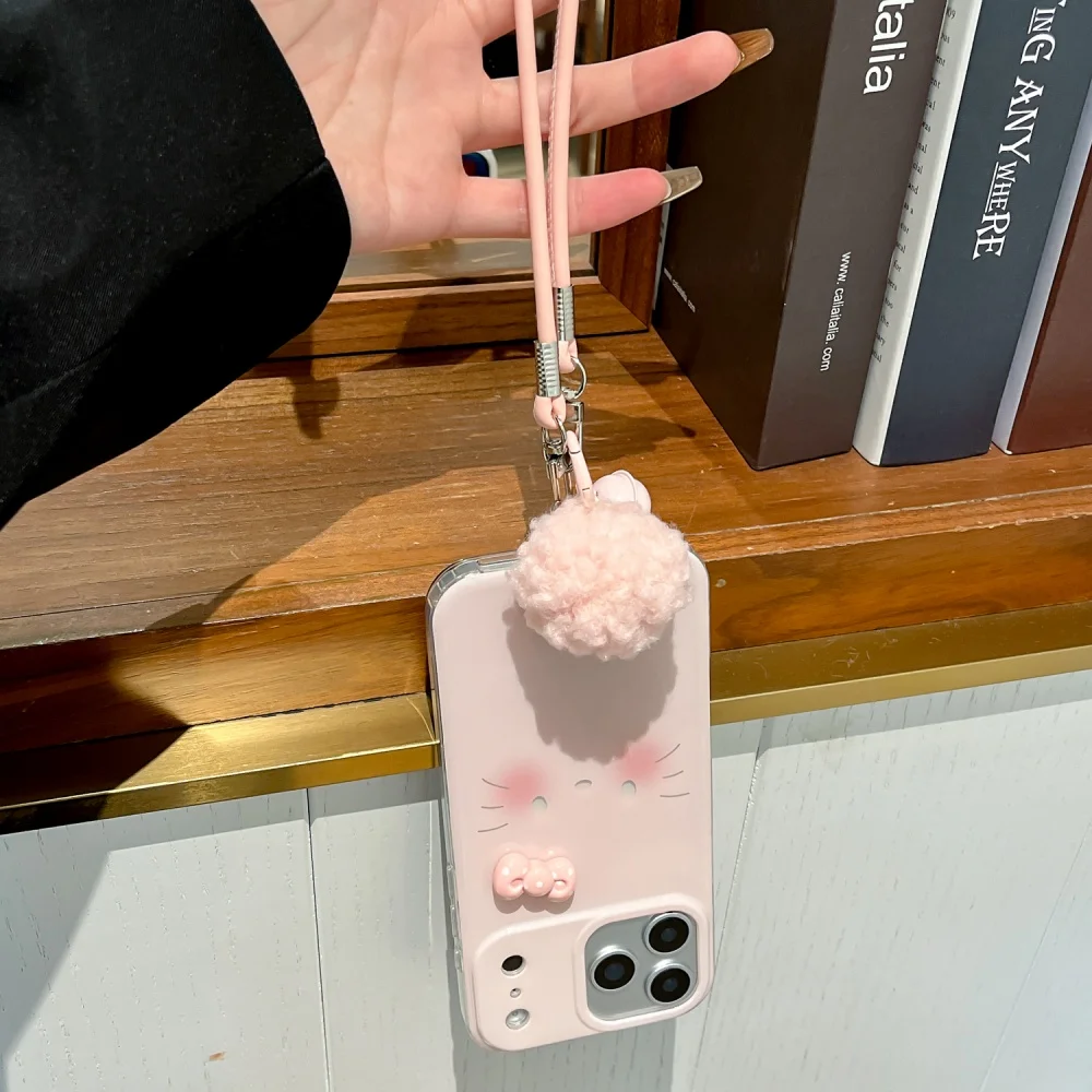 เคสโทรศัพท์ลายเฮลโลคิตตี้ 3 มิติ สีชมพู สำหรับ iPhone 16 17 ProMax 15 14 13 Pro Max ของขวัญสำหรับสาวๆ พร้อมสายคล้อง