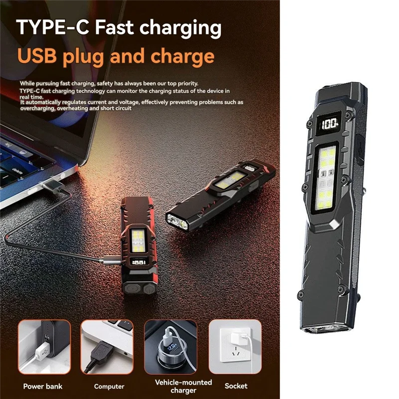 THIVN-LED Small Flashlight With Digital Display Rechargeable Flat Flashlights Dual-Switches Pocket Flashlight For Home,Camping