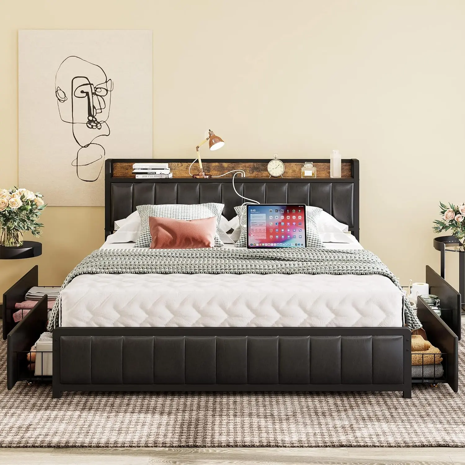 Queen Bed Frame with Storage Drawers Headboard & Footboard, Upholstered Platform Bed with USB Ports & Outlets