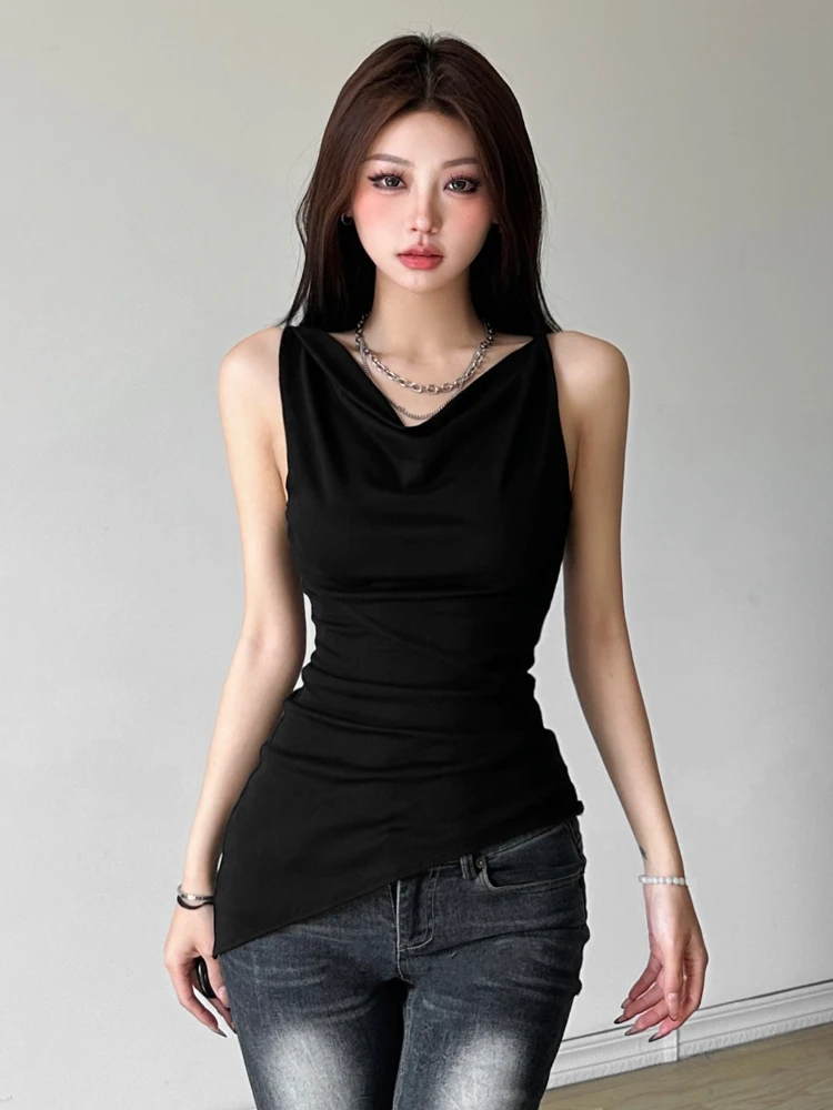 Casual Women Blouse Slim Tank Tops Fashion Sleeveless Black Gothic Vest Female Korean Streetwear Sexy Camisole Summer 2024