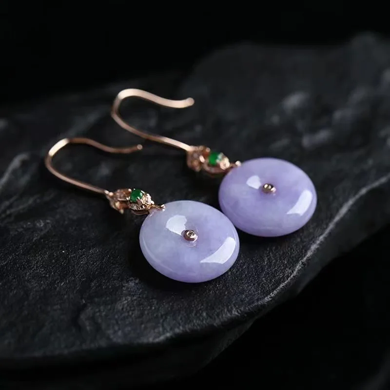 Purple Natural Jade Donut Earrings Real Jewelry Charm Stone Gifts for Women 18K Gold Plated Vintage Carved Gemstone Talismans