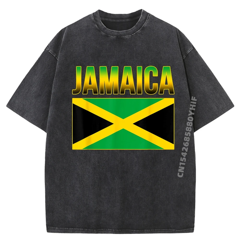 

Jamaican National Country Flag Caribbean Mens Korean Fashion Fashionable and Trendy Streetwear Washed Summer Printed On