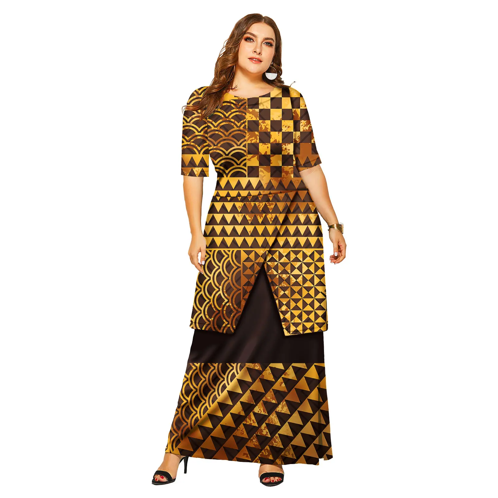 Island Style Custom Polynesia Design Puletasi Set Dress Samoa Ptaha Puletasi Ladies Long Maxi Two Piece Skirt Set Dresses 2pc