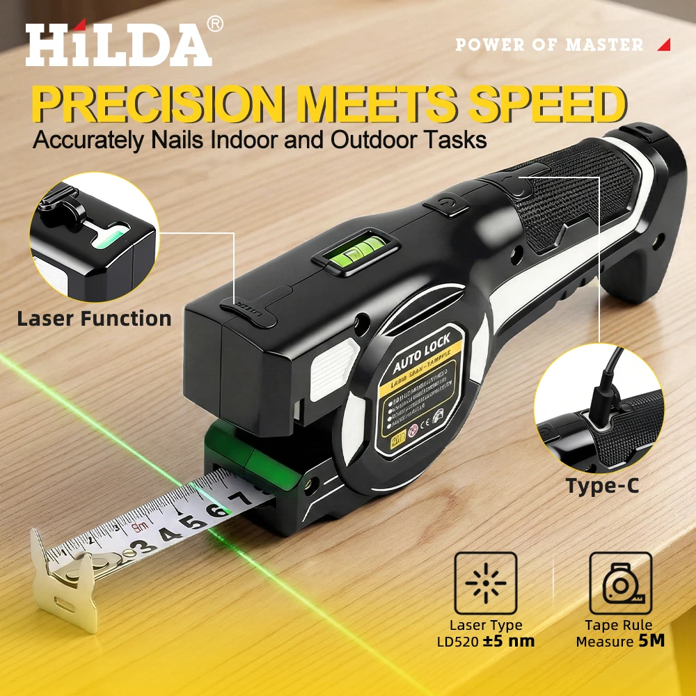 HILDA 2-in-1 Digital Laser Tape Measure Cross Line Laser Level Projector Auto Lock Tape Ruler Measuring Tool for Home DIY
