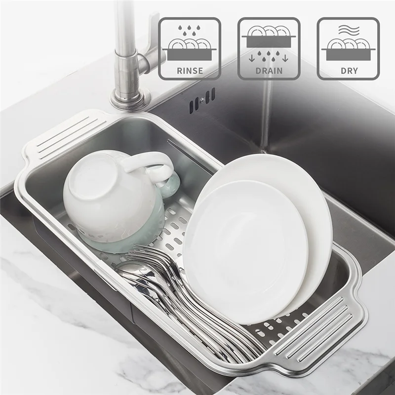 

Reliable 1 PCS Multifunctional Kitchen Sink Drain Rack Retractable Stainless Steel Drain Basket Over The Sink Dish Drying Rack