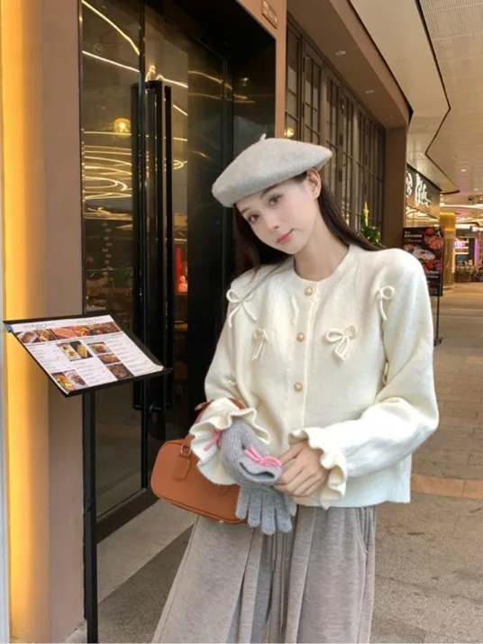 

Осень-зима, новый белый вязаный открытый кардиган с 3D узлом, круглый Ne Loose Long Sve, женский нежный топ