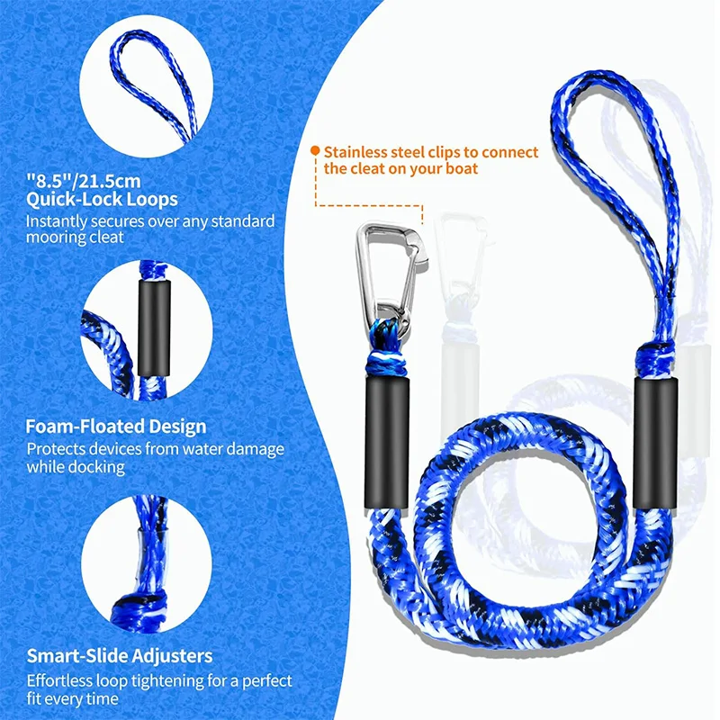 4FT Dock Line Elastic Mooring Rope Marine Anti-collision Rope with Stainless Hook Adjustable Anchor Boat Ropes Surfing Bungee