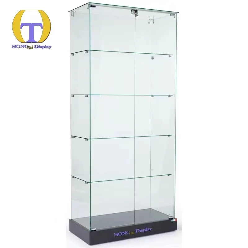 Custom.Latest Design Triangular Tempered Glass Cabinet of Black Base Smoke Shop Frameless Glass Display Corner With Lock