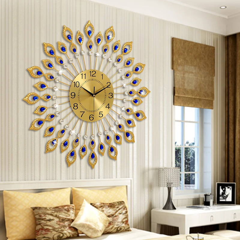 Peacock Wall Clock Quartz Round Big Size Golden Wall Clock Creative Bedroom Battery Operated Duvar Saati Living Room Decoration