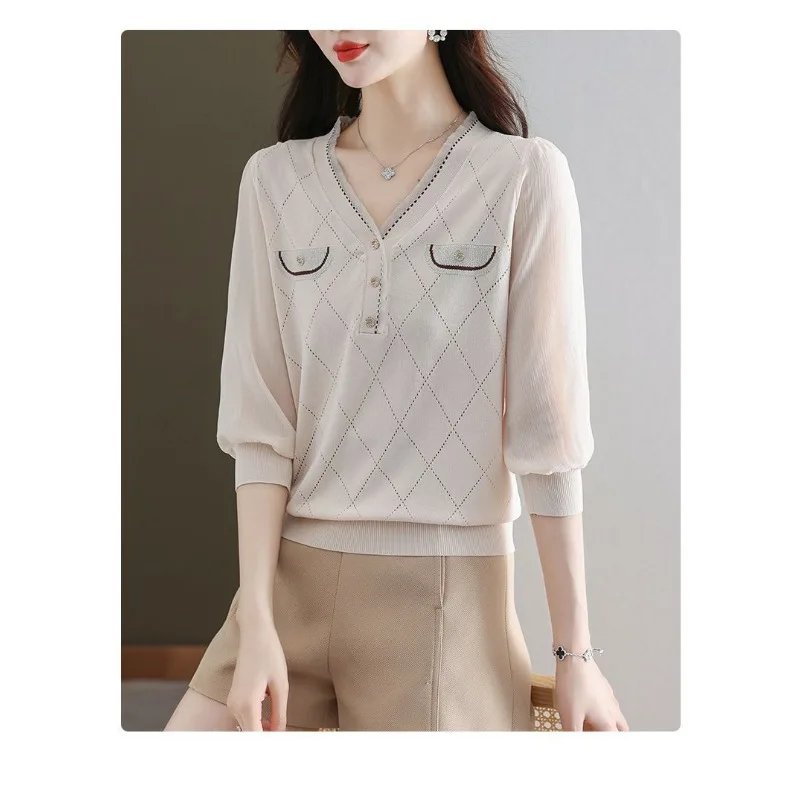 

Chiffon Shirt Thin Base T-shirt Gauze Sleeve Top Seven-quarter Sleeve Elegant Versatile Ice Silk Sweater Women
