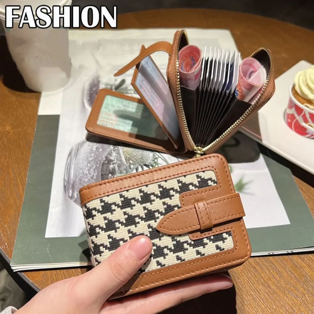 Lattice Plaid Canvas Coin Purse Wallet PU Leather Zipper ID Credit Card Holder Card Case Card Access Control