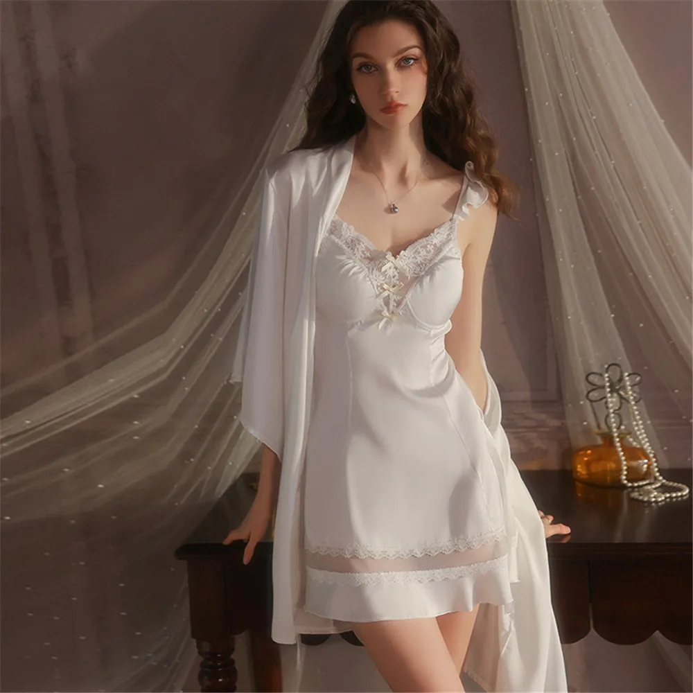 

Комплект из кружевного халата и пеньюара: Сексуальный свадебный халат для невесты, летняя ночная сорочка, атласная домашняя одежда