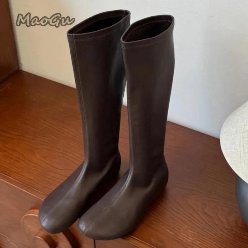 Faux Leather Women's Knee-High Brown Long Boots Square Toe Spring Autumn Pull-On Boots Low Heel Botas Mujer Comfortable Shoes image 5