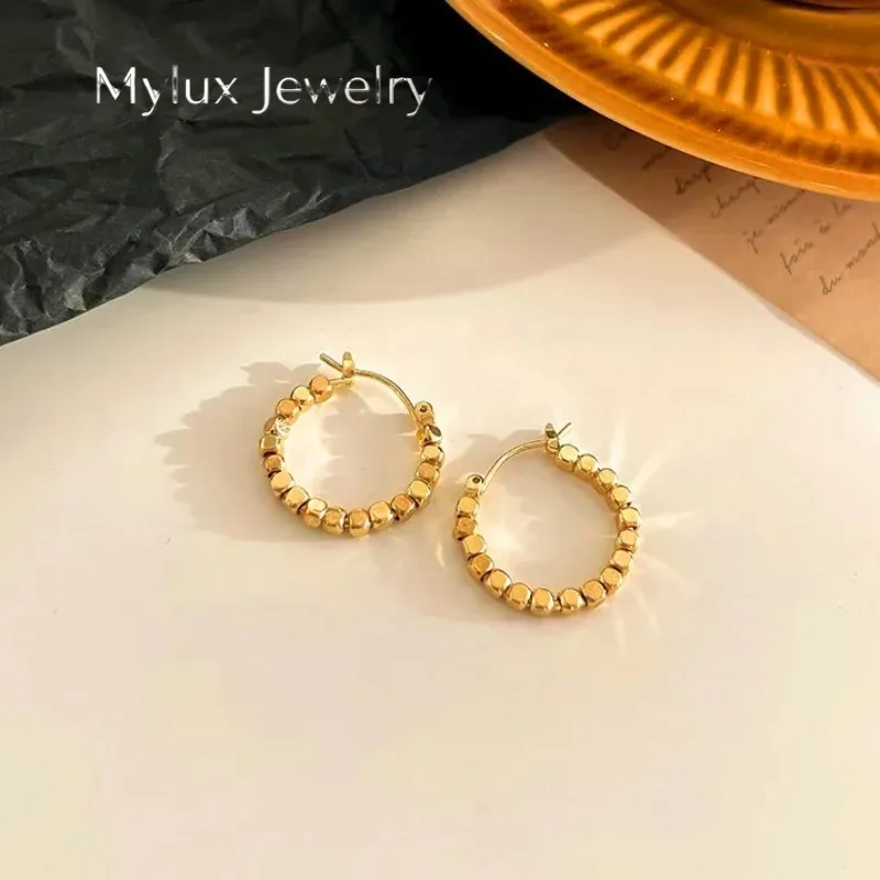 

Mylux Jewelry New light luxury 9999 24K real gold small sugar cube earrings circle square versatile earrings earrings earrings