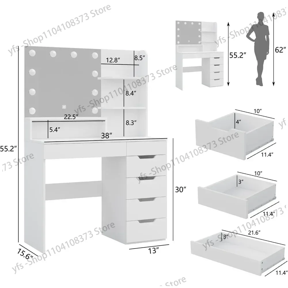 Hidden Wiring Dressing Table Dressing Room for Makeup Vanity Table With Mirror 3 Color Lighting Modes Brightness Adjustable Desk