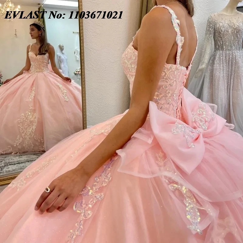 Evlast personalizado rosa quinceanera vestido de baile floral applique frisado arco méxico espartilho doce 16 vestidos de 15 anos sq566