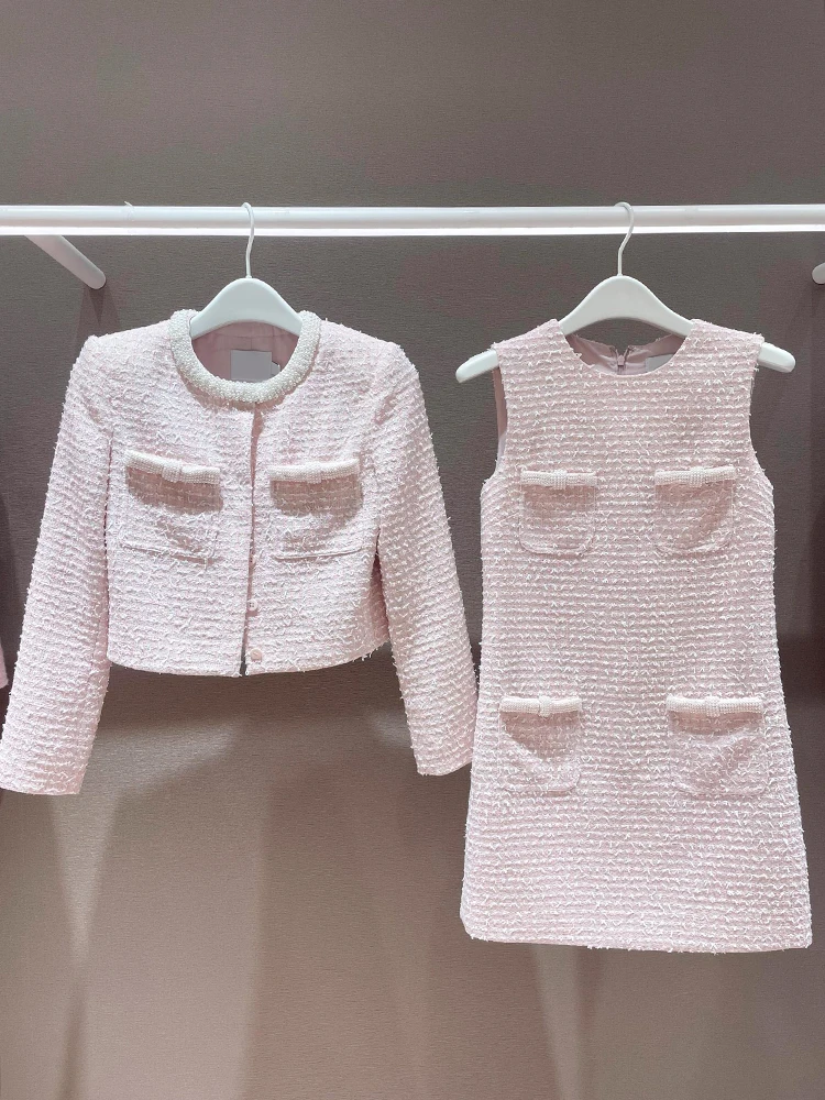 

High-End Women's Faion Set SP Home South Oil Early Spring New Pearl Embellied Tweed Jaet + Vest Dr Two-Piece Suit