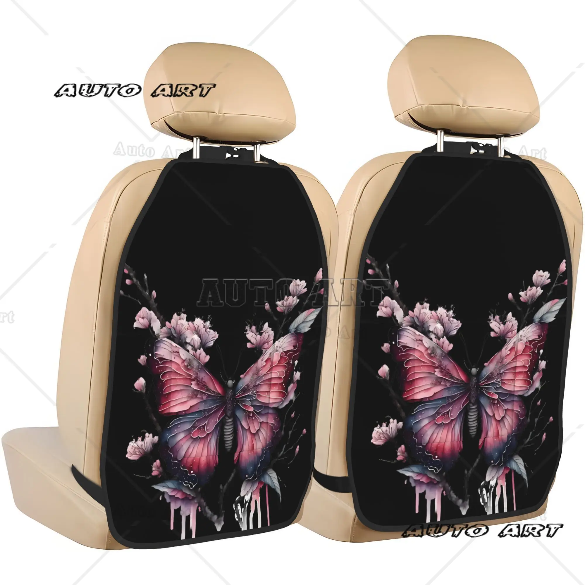 2pcs Butterfly on Cherry Blossom Branch Car Back Seat Organizer Mats with Storage Pockets for Universal Fit for Most Vehicles