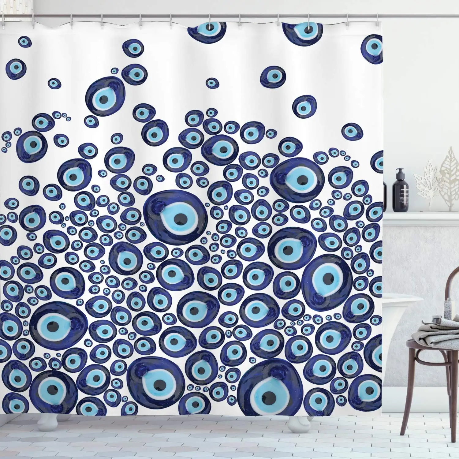 Evil Eye Shower Curtain,Luck Glass Look Beads Graphic on Plain Background,Waterproof Cloth Fabric Bathroom Decor Sets with Hooks